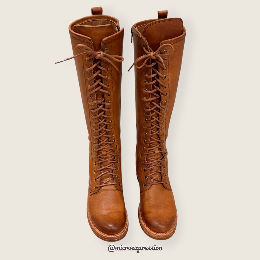 $665 Frye Veronica Tall Cognac Leather Lace Up Knee High Riding Equestrian Boot - Picture 8 of 14